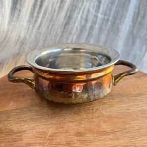 Hand Hammered Copper Serving Bowl Stainless Steel Lining Brass Handles Indian